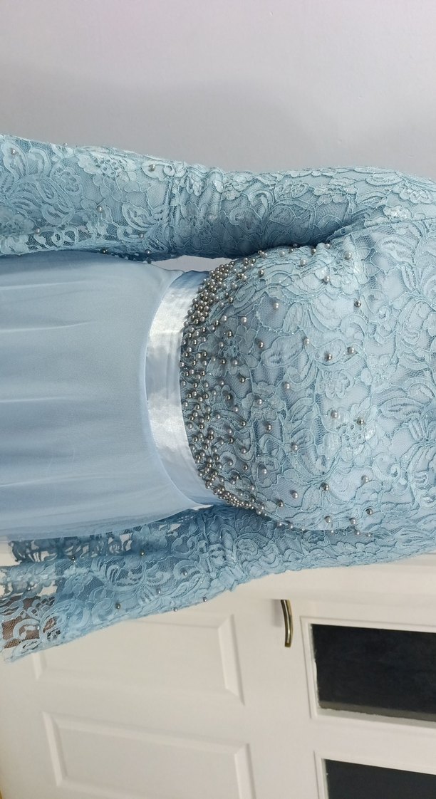 Kadın Mavi Nakışlı Uzun Abiye Elbise - Görsel 5