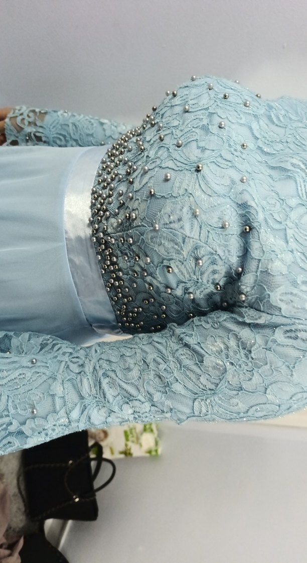 Kadın Mavi Nakışlı Uzun Abiye Elbise - Görsel 4