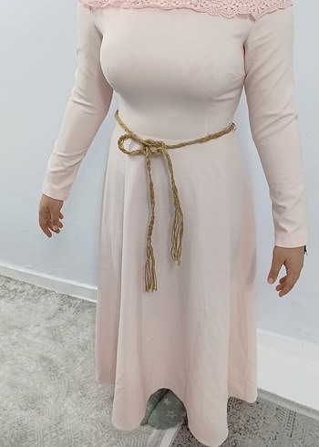 pudra Uzun Elbise, Kemerli, Kayık Yaka - Görsel 10