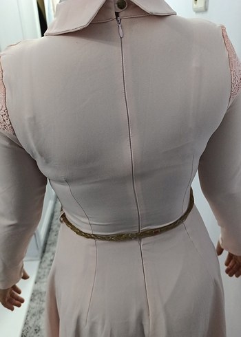 pudra Uzun Elbise, Kemerli, Kayık Yaka - Görsel 7