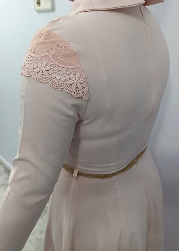 pudra Uzun Elbise, Kemerli, Kayık Yaka - Görsel 4