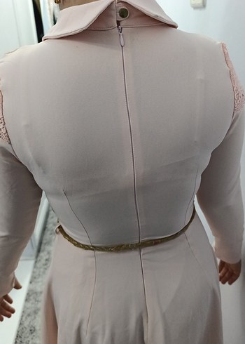 pudra Uzun Elbise, Kemerli, Kayık Yaka - Görsel 6