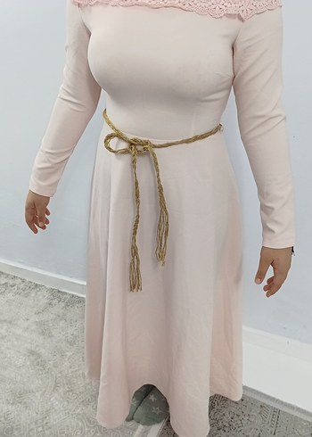 pudra Uzun Elbise, Kemerli, Kayık Yaka - Görsel 11