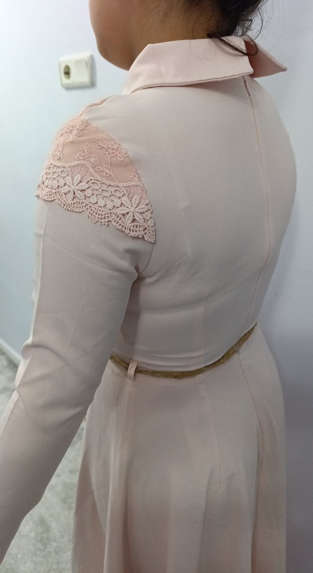 pudra Uzun Elbise, Kemerli, Kayık Yaka - Görsel 4