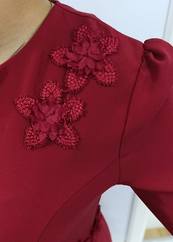 kırmızı Uzun Kollu Drape Detaylı Elbise tesettür - Görsel 8