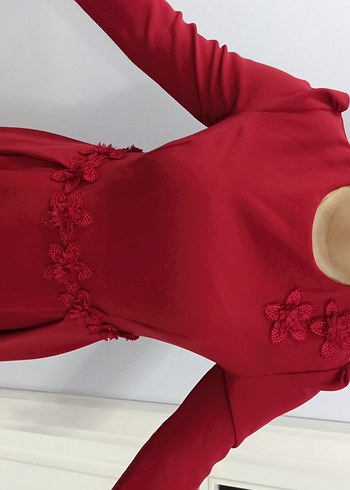 kırmızı Uzun Kollu Drape Detaylı Elbise tesettür - Görsel 4