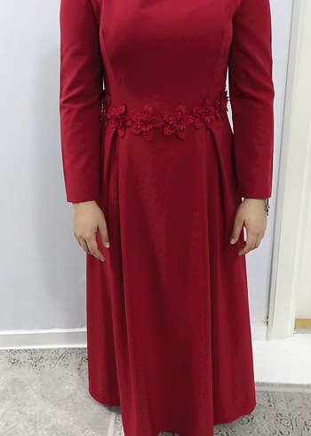 kırmızı Uzun Kollu Drape Detaylı Elbise tesettür - Görsel 2