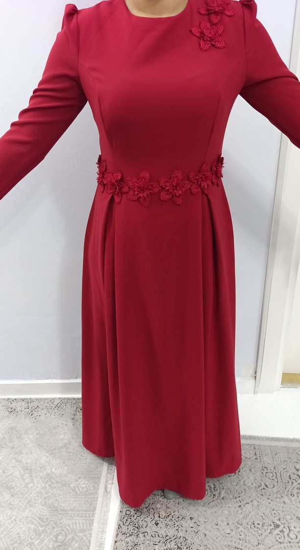 kırmızı Uzun Kollu Drape Detaylı Elbise tesettür - Görsel 3