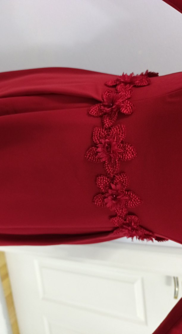 kırmızı Uzun Kollu Drape Detaylı Elbise tesettür - Görsel 5