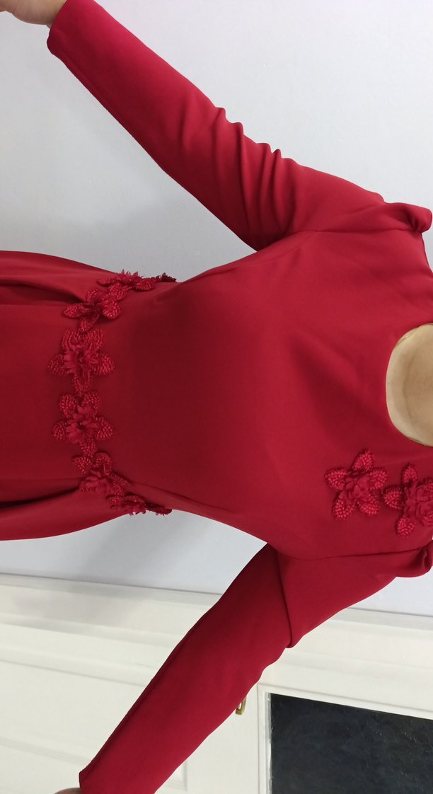 kırmızı Uzun Kollu Drape Detaylı Elbise tesettür - Görsel 4