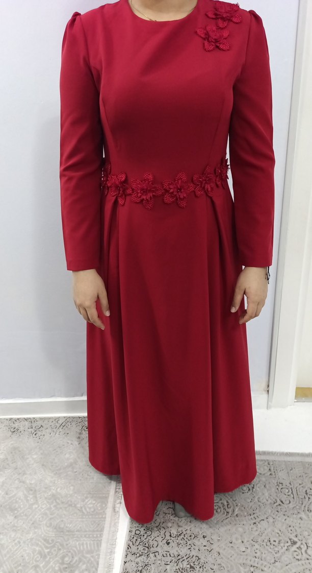 kırmızı Uzun Kollu Drape Detaylı Elbise tesettür - Görsel 2