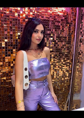 Kadın Parlak Mor Düz Paça Denim takım - Görsel 2