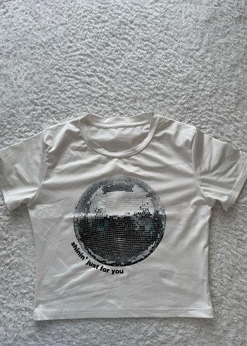 Kadın Beyaz Parlak Payetli Tişört - Görsel 2