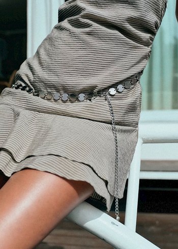 Yüksek Yakalı Drapeli Keten Mini Elbise - Görsel 6