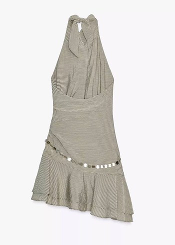 Yüksek Yakalı Drapeli Keten Mini Elbise - Görsel 3