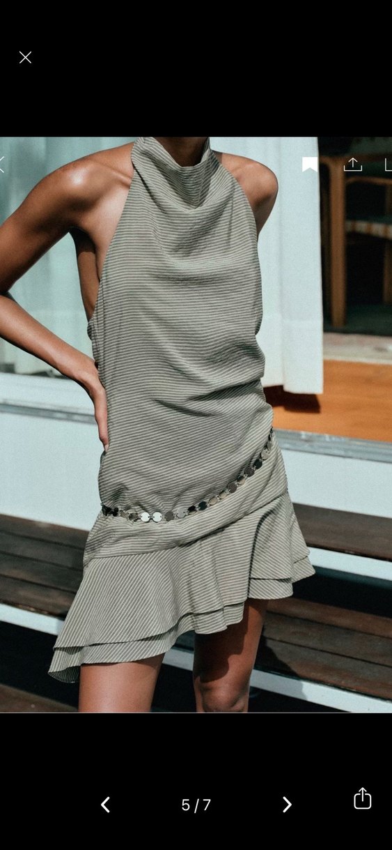 Yüksek Yakalı Drapeli Keten Mini Elbise - Görsel 5