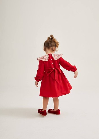 Kız Çocuk Kırmızı Nakışlı Fırfırlı Elbise - Görsel 3