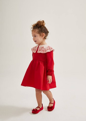 Kız Çocuk Kırmızı Nakışlı Fırfırlı Elbise - Görsel 2