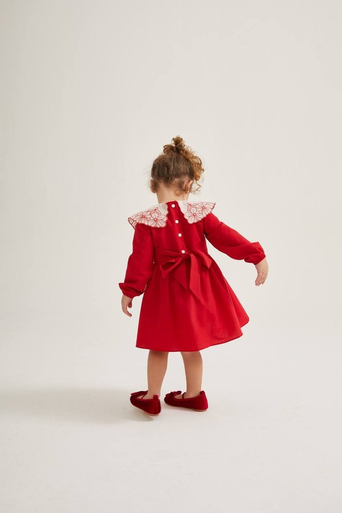 Kız Çocuk Kırmızı Nakışlı Fırfırlı Elbise - Görsel 3