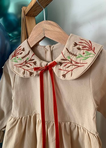 Kız Çocuk Bej Fırfırlı Uzun Kollu Elbise - Görsel 5