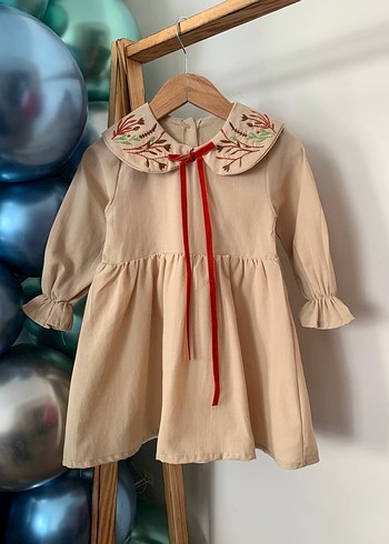 Kız Çocuk Bej Fırfırlı Uzun Kollu Elbise - Görsel 2