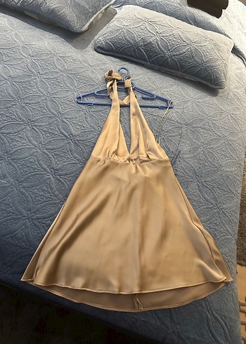Bej Drapeli Midi Halter Yaka Kadın Elbise