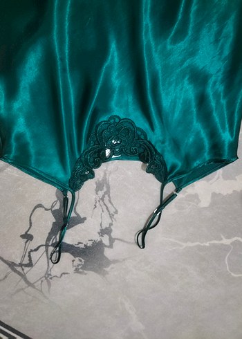 Turkuaz Parlak Saten Bohem Gecelik - Görsel 2