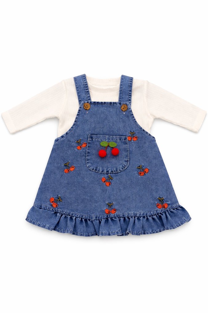 Kiraz Nakışlı Kot Elbise & Beyaz Body Takım - Görsel 2