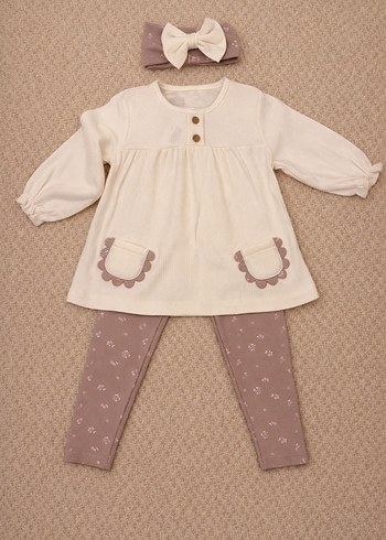 Bej Uzun Kollu Dantelli Bebek Kız Takımı - Görsel 2