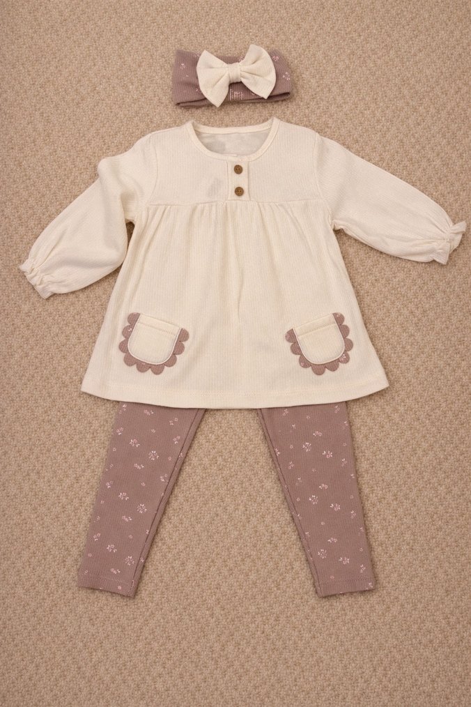 Bej Uzun Kollu Dantelli Bebek Kız Takımı - Görsel 2