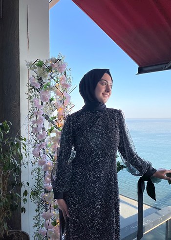 Uzun Kollu Siyah Bohem Balo Elbisesi