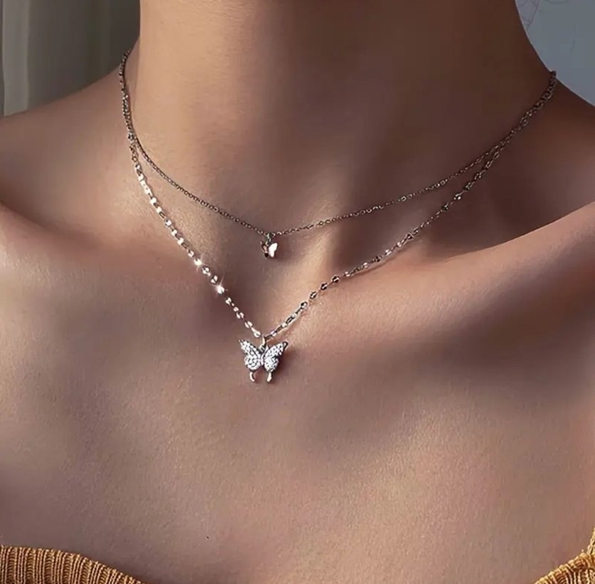 1"Paslanmaz Çelik Çift Kat Kelebek Kolye  Zarif - Görsel 5