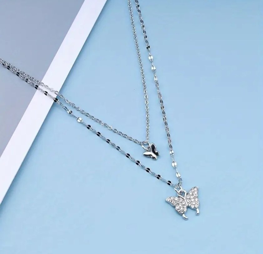 1"Paslanmaz Çelik Çift Kat Kelebek Kolye  Zarif - Görsel 2