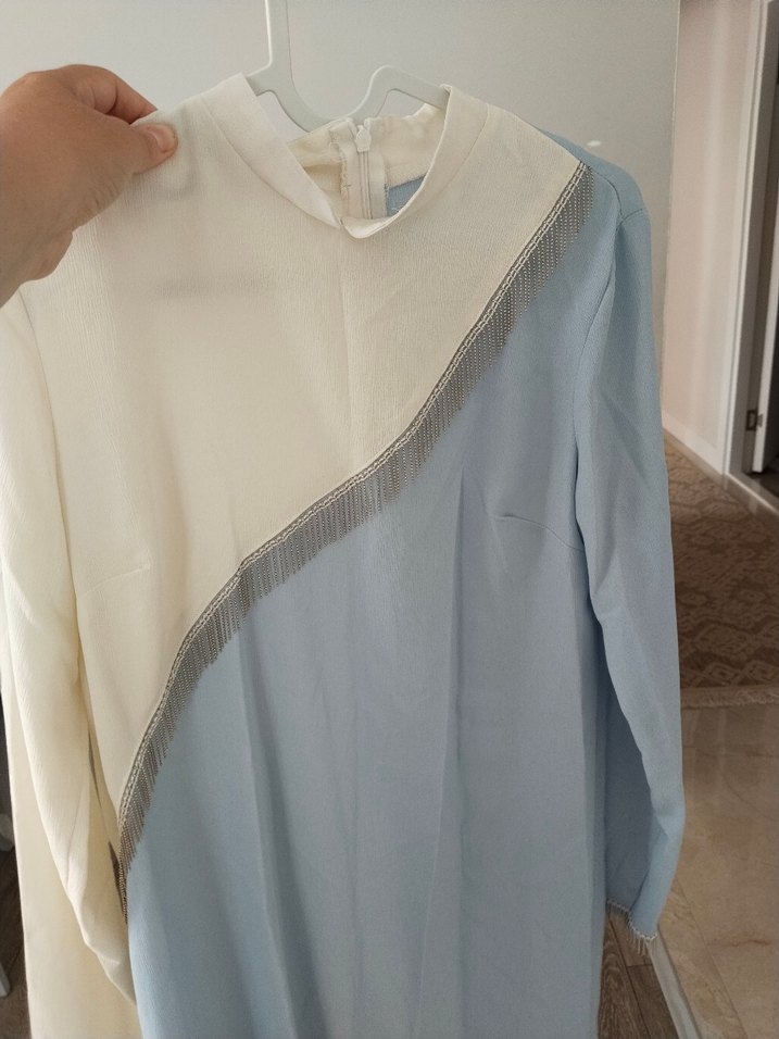 Uzun Kol Drapeli Mavi-Bej Tunik - Görsel 5