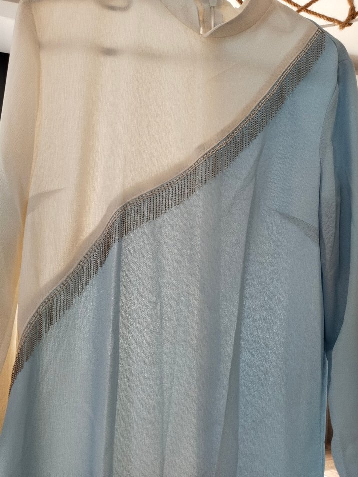 Uzun Kol Drapeli Mavi-Bej Tunik - Görsel 2