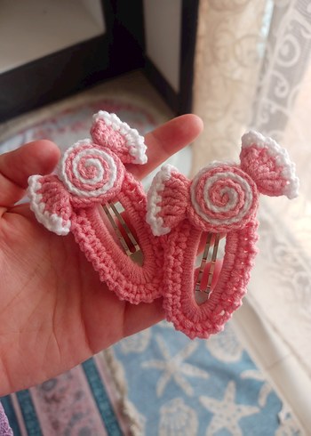 Nakışlı Pembe Örgü Çocuk Toka Seti - Görsel 5