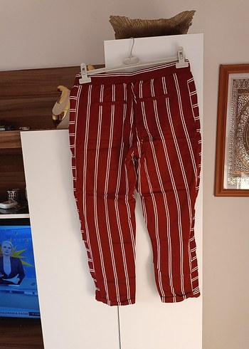 l Beden Kırmızı Çizgili Kadın Kumaş Pantolon