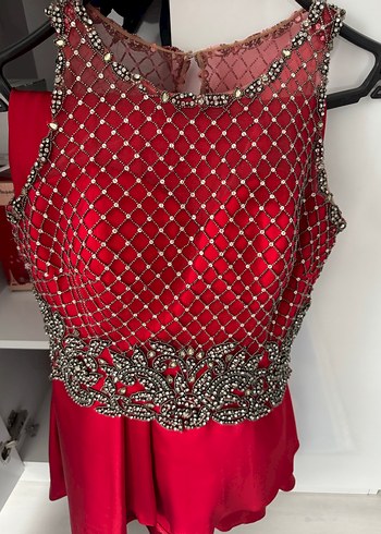 İnci İşlemeli Kırmızı Uzun Abiye Elbise - Görsel 3