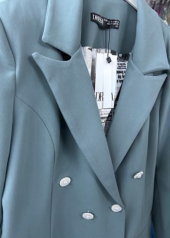 l Beden yeşil Renk Düğmeli Gri Kadın Blazer Ceket
