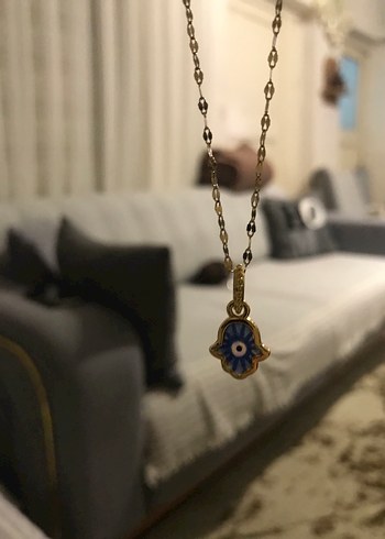 Mavi Zincir Detaylı Hamsa Kolye - Görsel 5