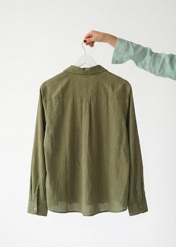 Düğmeli Ön Cepli Haki Renk Keten Kadın Gömlek - Görsel 2