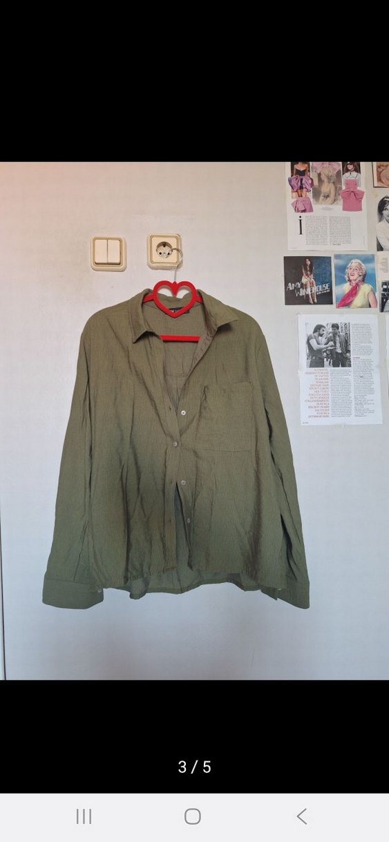 Düğmeli Ön Cepli Haki Renk Keten Kadın Gömlek - Görsel 3