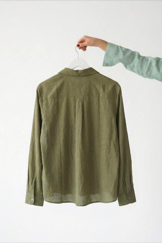 Düğmeli Ön Cepli Haki Renk Keten Kadın Gömlek - Görsel 2