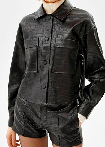 Bershka Timsah Desenli Deri Crop Ceket - Görsel 5