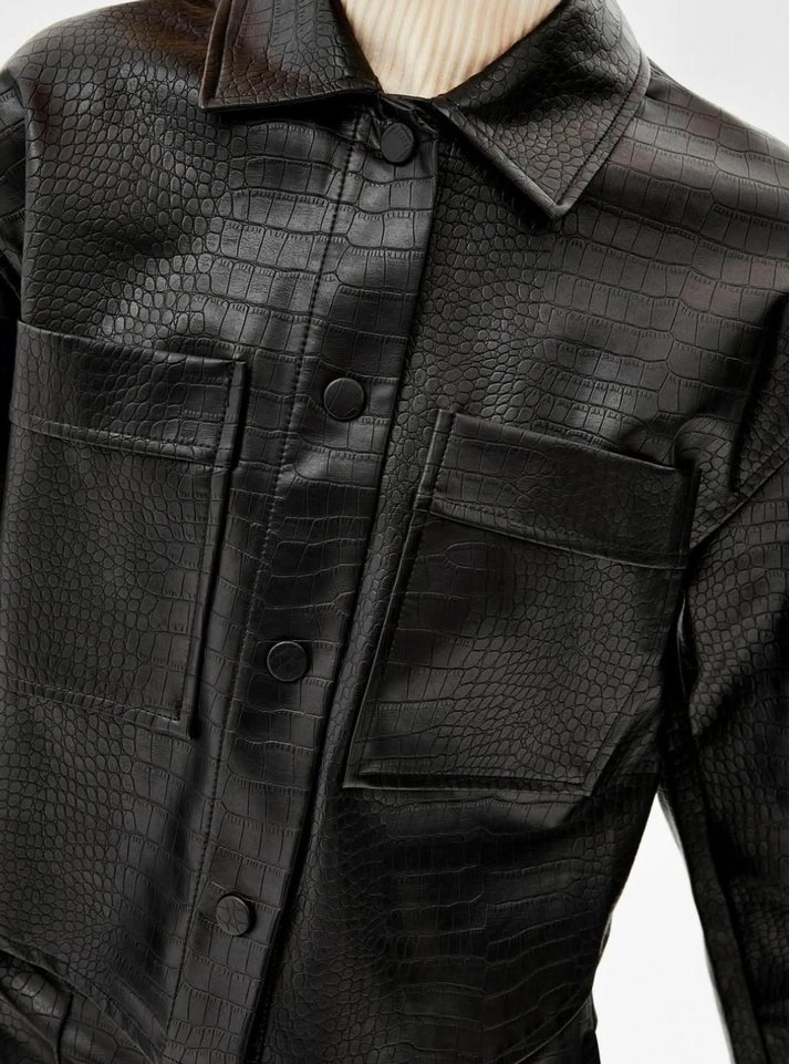 Bershka Timsah Desenli Deri Crop Ceket - Görsel 4