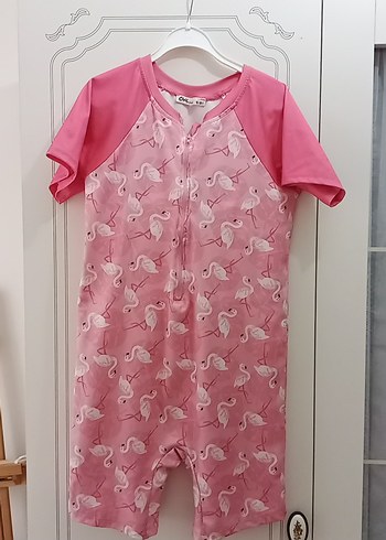 Kız Çocuk Pembe Flamingo Desenli Kısa Kollu Mayo