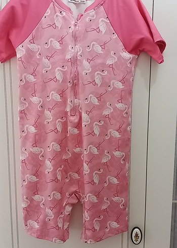 11-12 Yaş Beden Kız Çocuk Pembe Flamingo Desenli Kısa Kollu Mayo