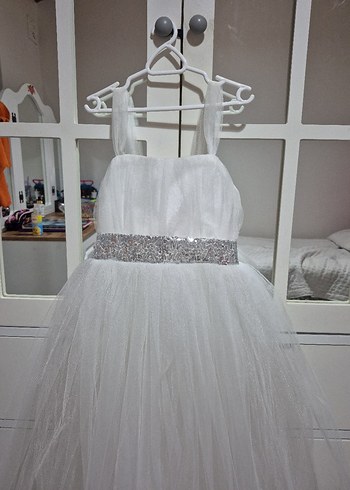 Beyaz Askılı Kemerli Çocuk Abiye Elbise - Görsel 2