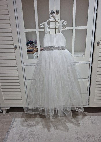 Beyaz Askılı Kemerli Çocuk Abiye Elbise - Görsel 3