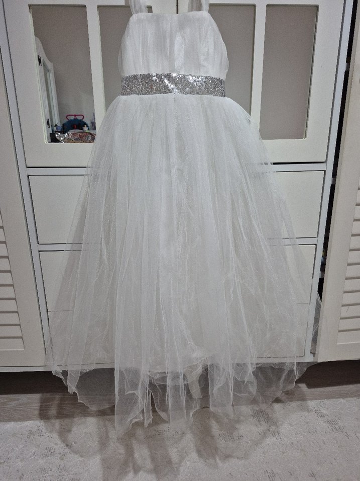 Beyaz Askılı Kemerli Çocuk Abiye Elbise - Görsel 5